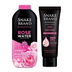 Snake Brand Herbaceutic Rose Water Cooling Powder 250g.x1+Extra Brightening UV Protecting Lotion 180